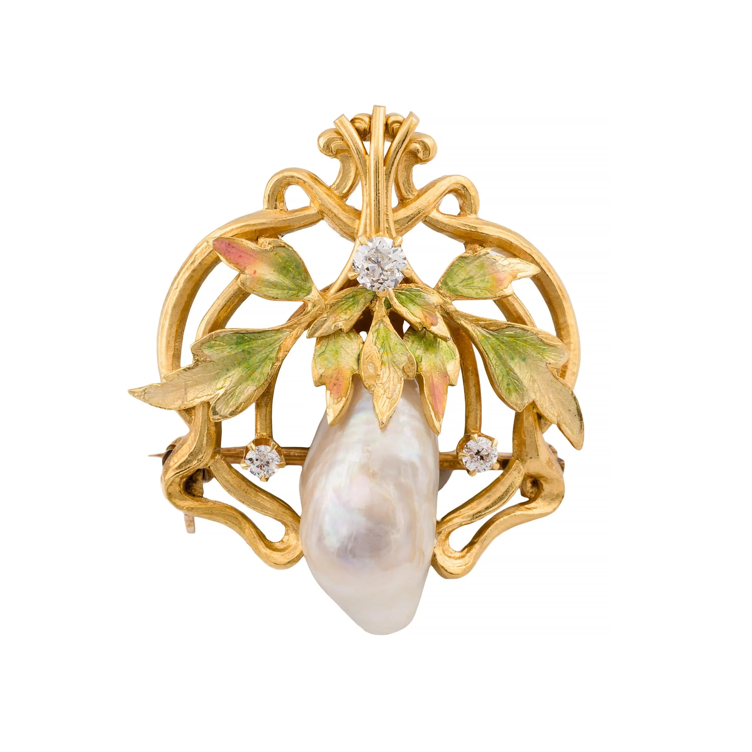 Art Nouveau Natural River Pearl, Enamel, & Mine Cut Diamond Foliate Motif Brooch