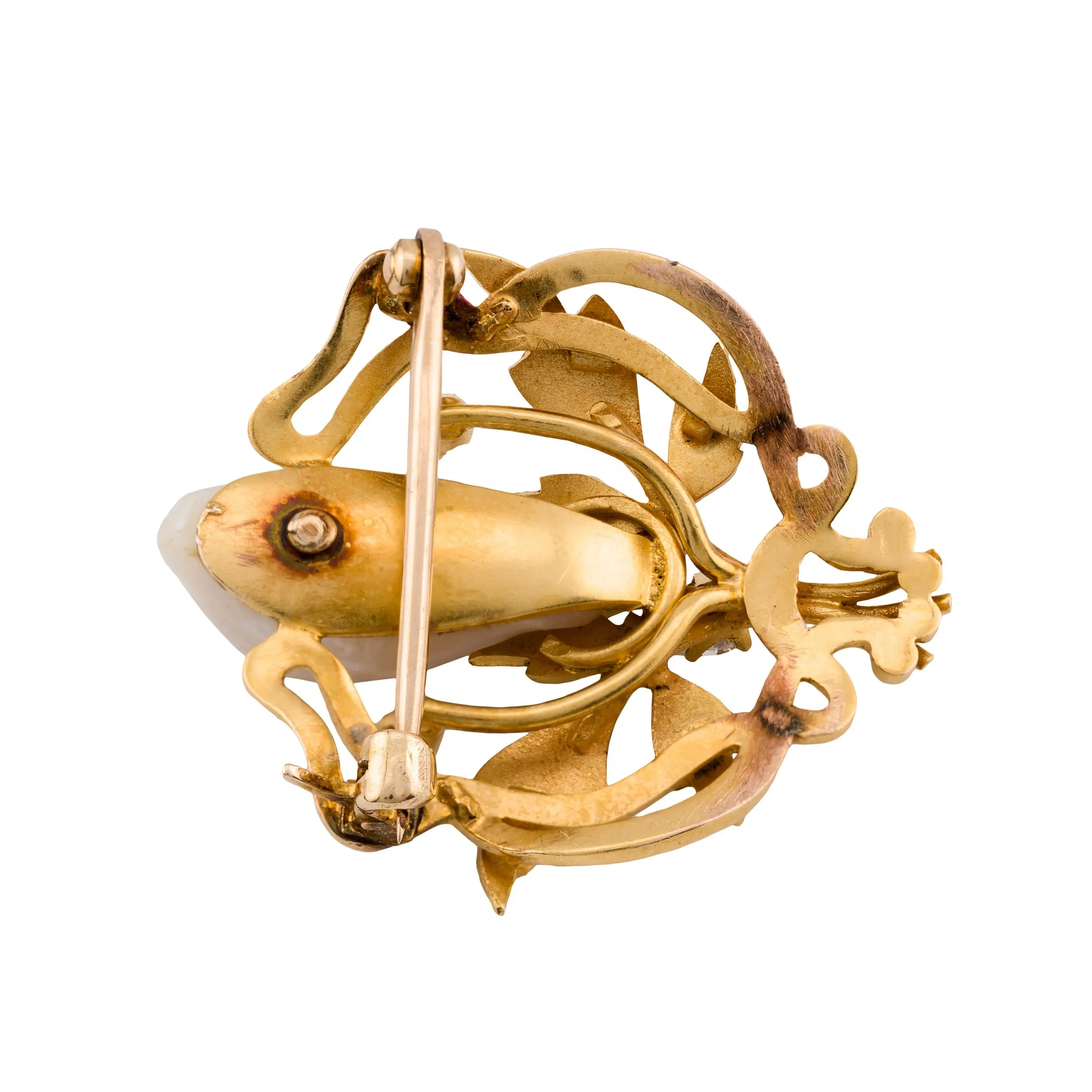 Art Nouveau Natural River Pearl, Enamel, & Mine Cut Diamond Foliate Motif Brooch
