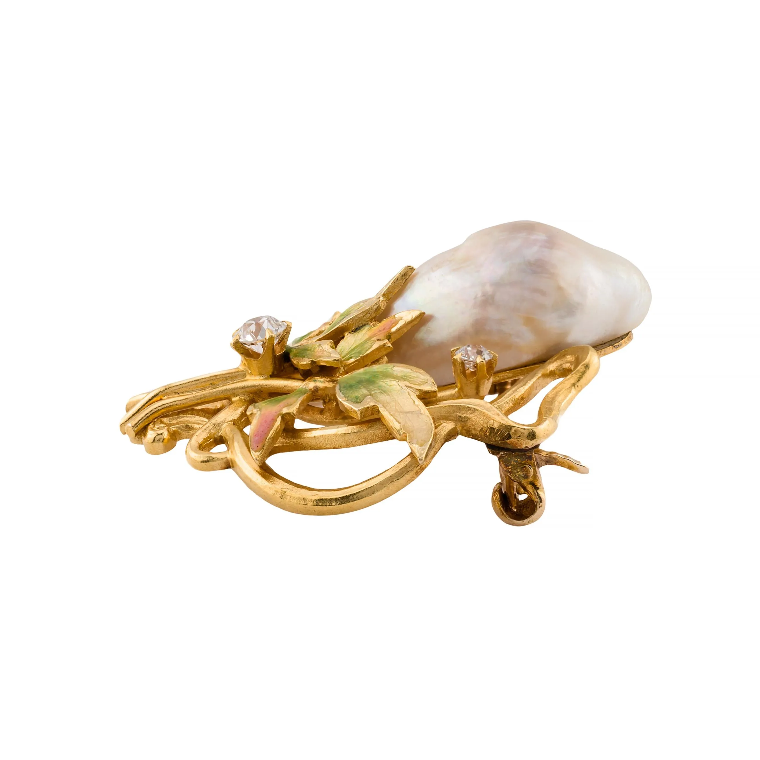 Art Nouveau Natural River Pearl, Enamel, & Mine Cut Diamond Foliate Motif Brooch