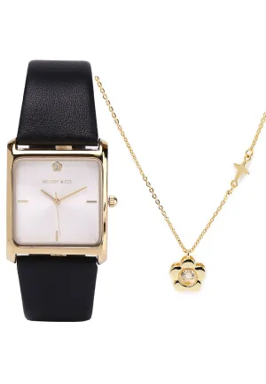 Atharis Gold Leather Watch with Necklace Set (Black)