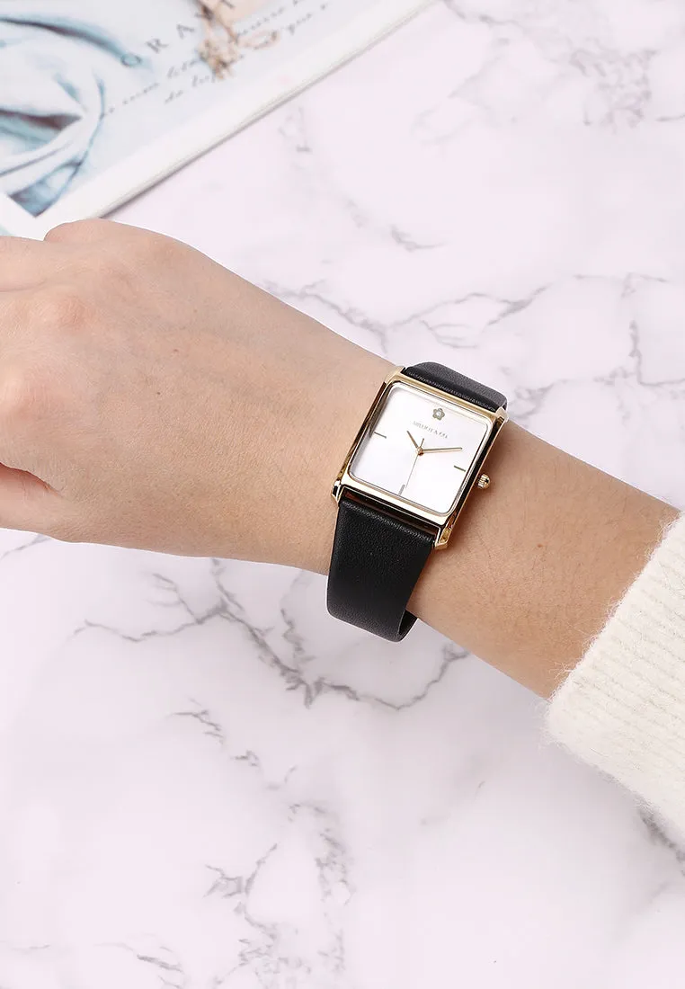Atharis Gold Leather Watch with Necklace Set (Black)