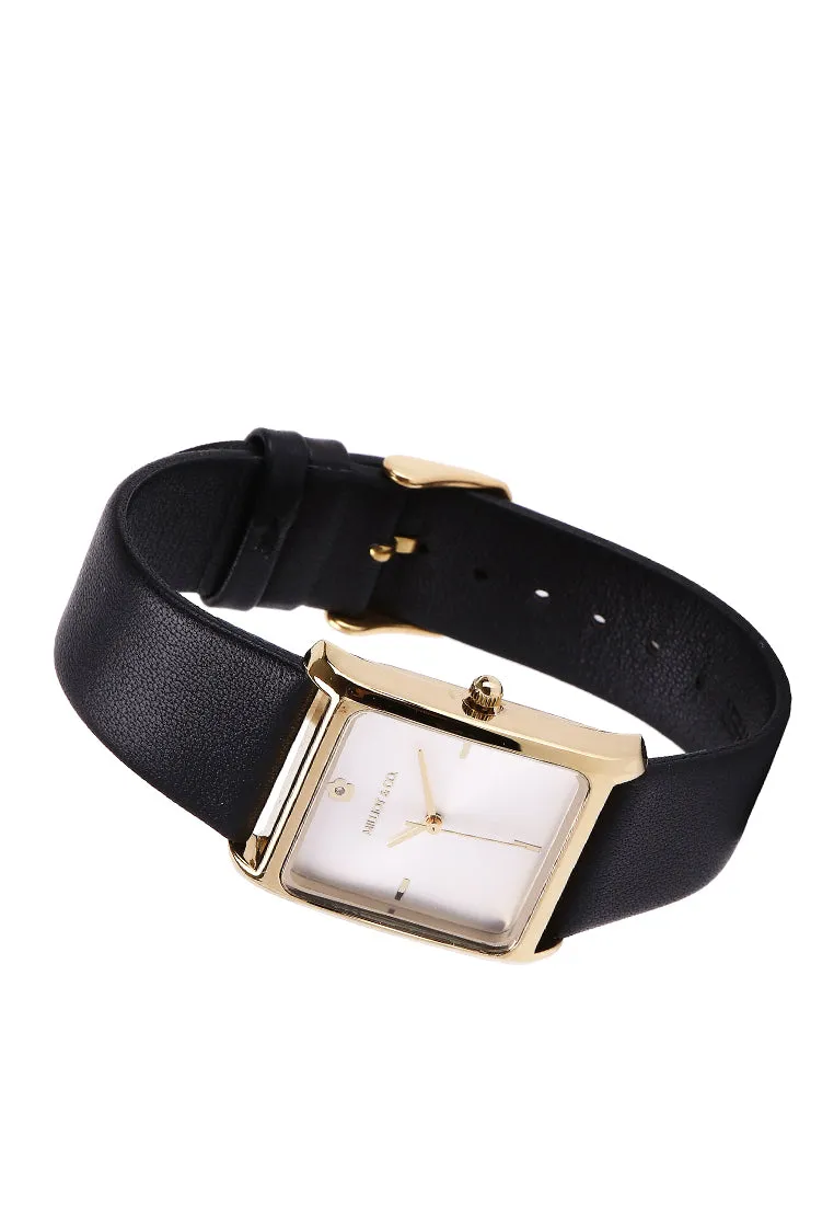 Atharis Gold Leather Watch with Necklace Set (Black)