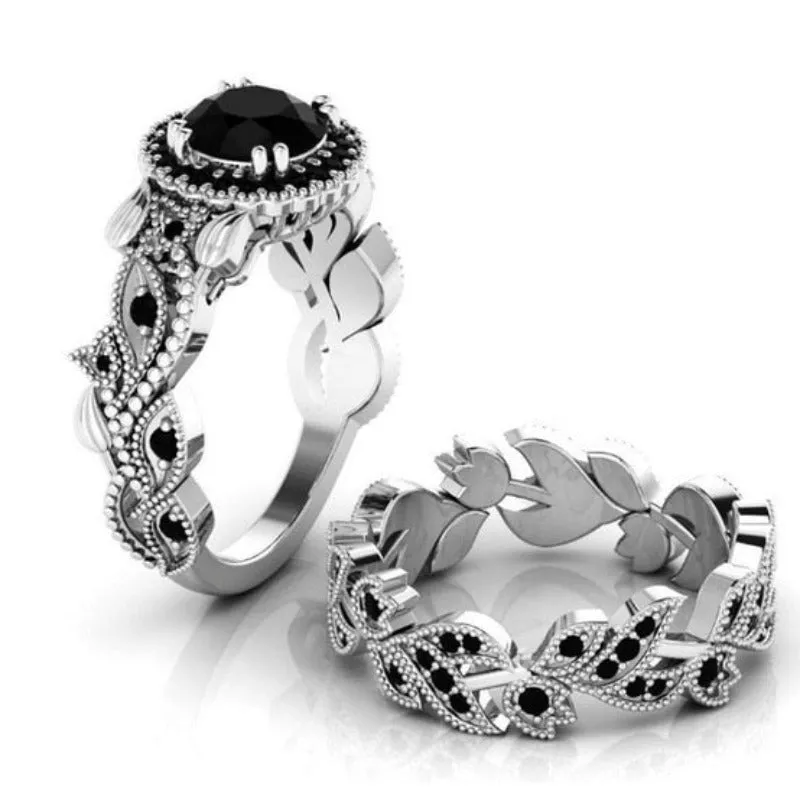 Back Zircon Gemstone Ring Set Gold Women Bridal Jewelry