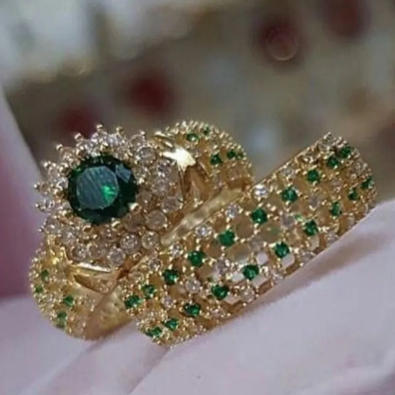 Back Zircon Gemstone Ring Set Gold Women Bridal Jewelry