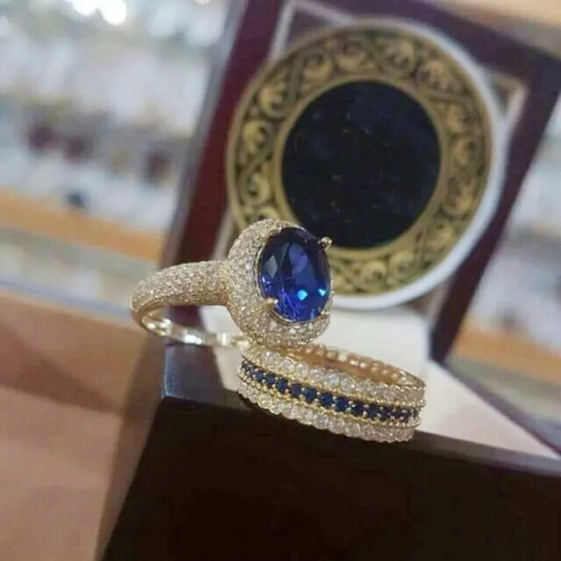 Back Zircon Gemstone Ring Set Gold Women Bridal Jewelry