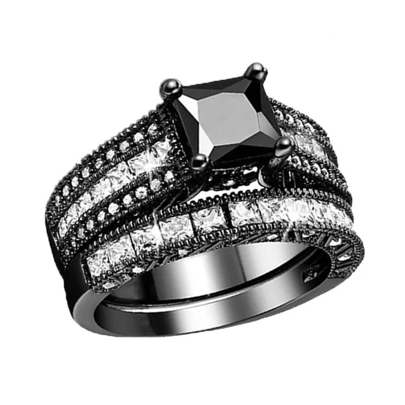 Back Zircon Gemstone Ring Set Gold Women Bridal Jewelry