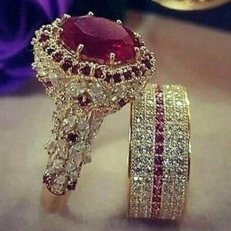 Back Zircon Gemstone Ring Set Gold Women Bridal Jewelry