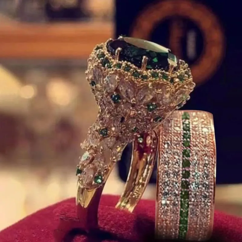 Back Zircon Gemstone Ring Set Gold Women Bridal Jewelry