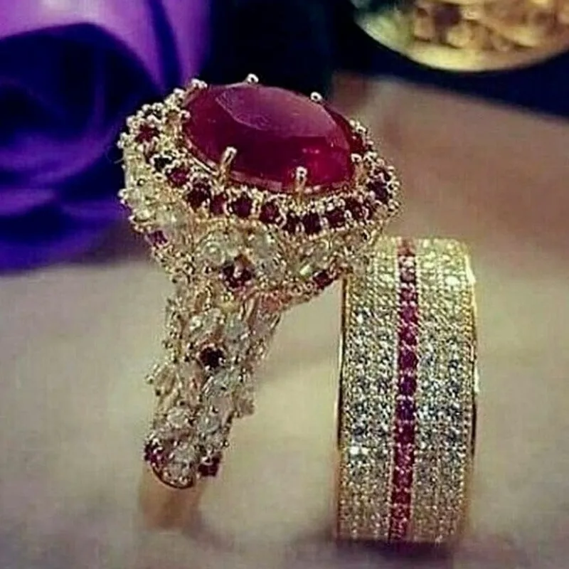 Back Zircon Gemstone Ring Set Gold Women Bridal Jewelry