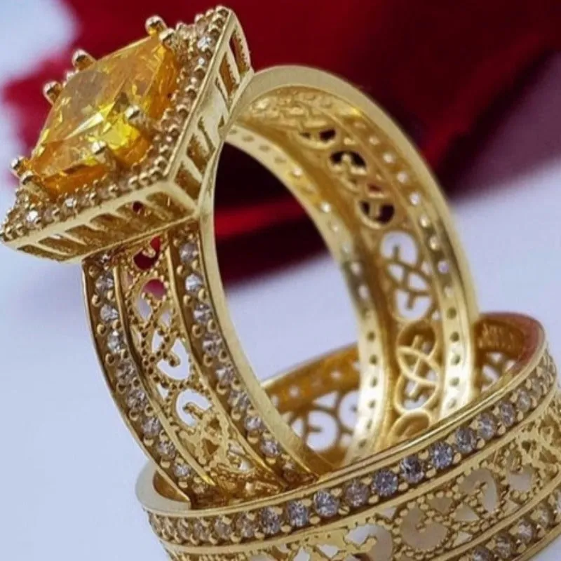 Back Zircon Gemstone Ring Set Gold Women Bridal Jewelry