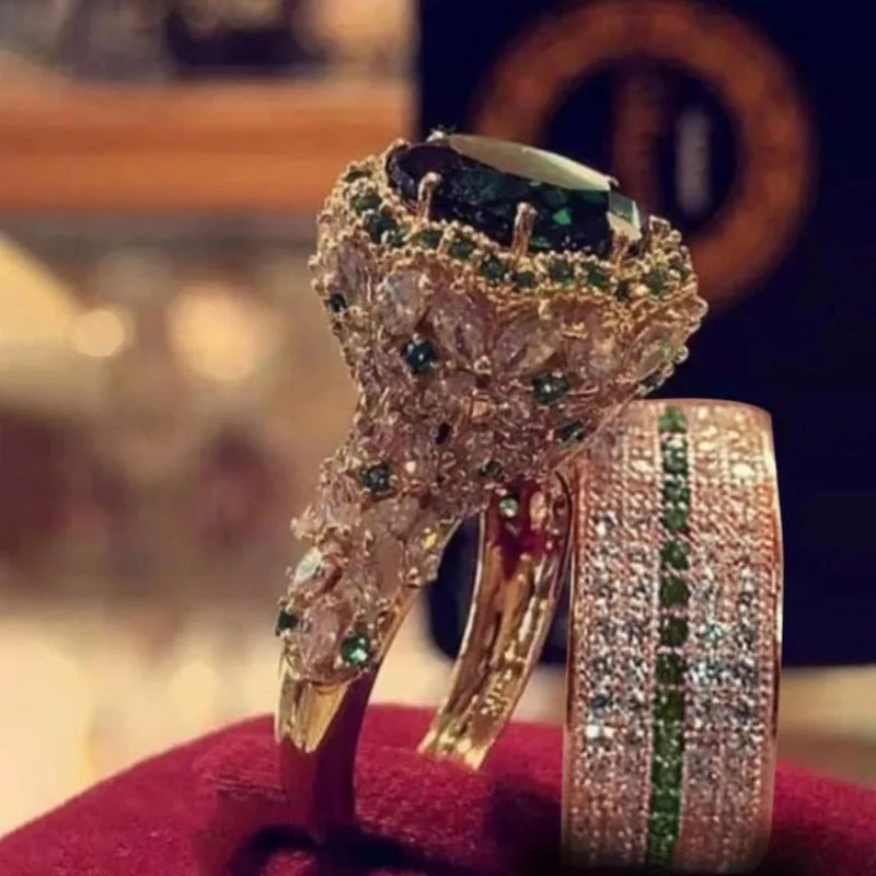 Back Zircon Gemstone Ring Set Gold Women Bridal Jewelry
