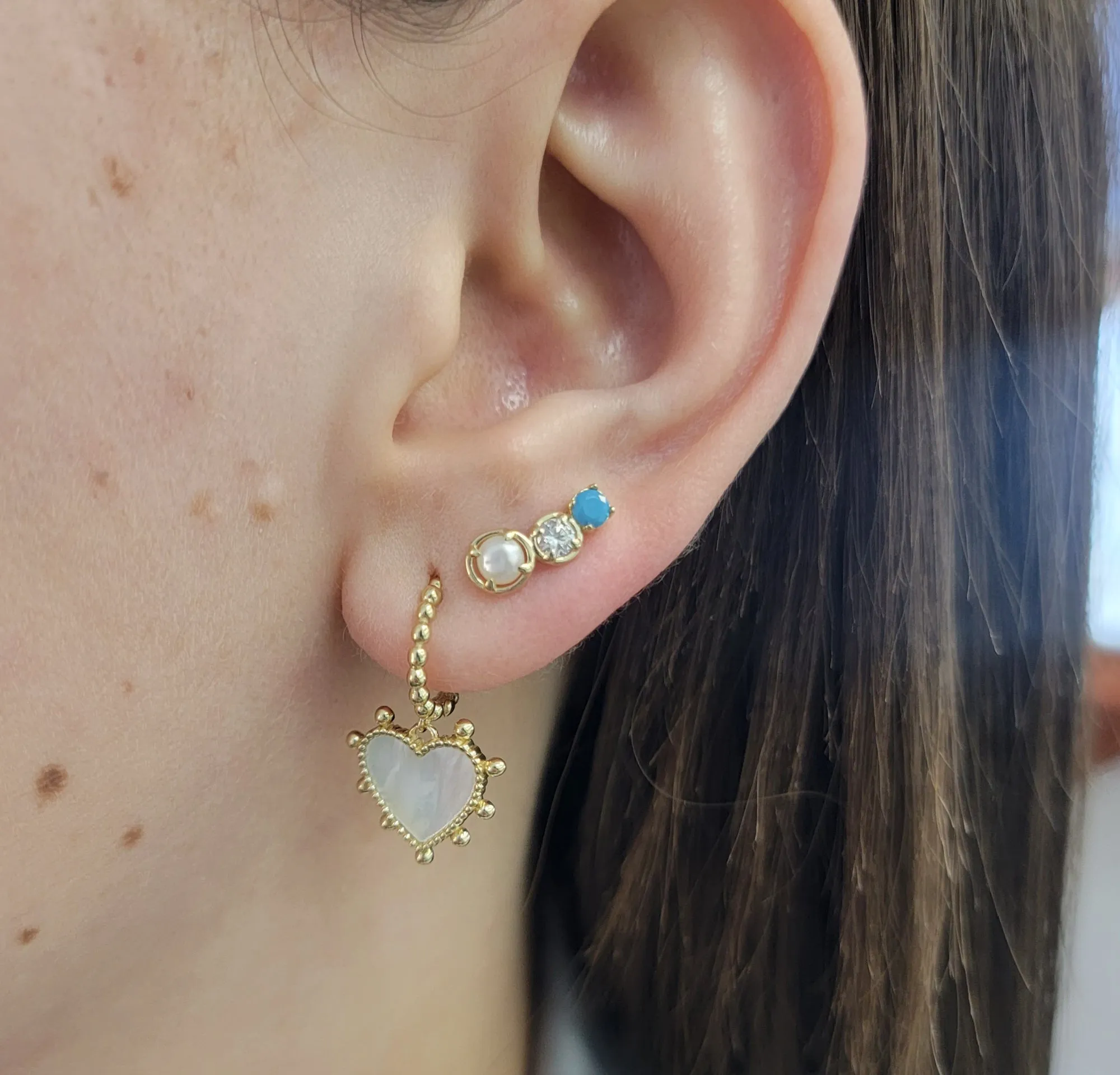 Beaded Mother of Pearl Heart Dangle Huggie Hoop Earrings