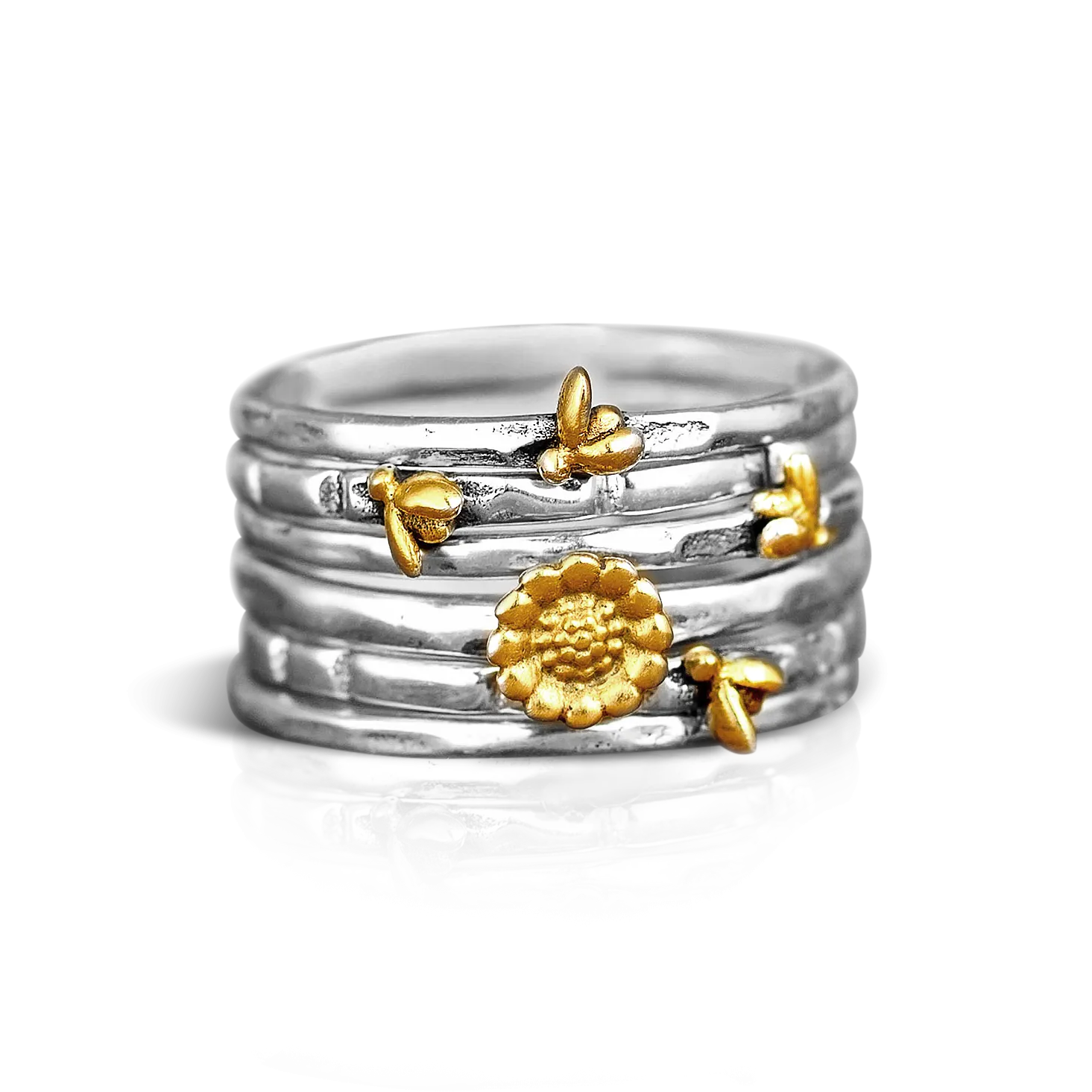 Bees and Sunflower Stacking Ring Set Sterling Silver