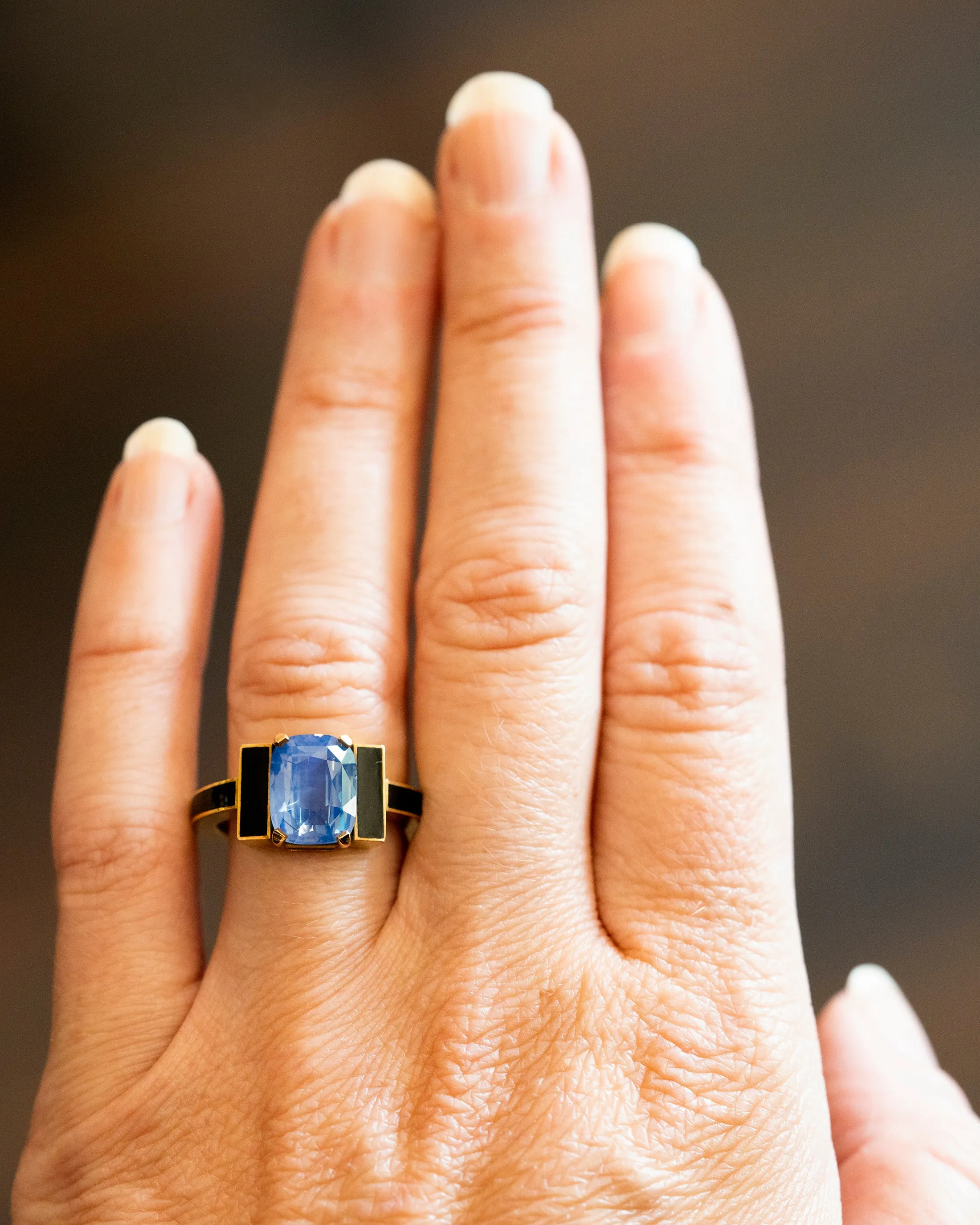 Bell & Bird Sapphire Ring with Black Enamel