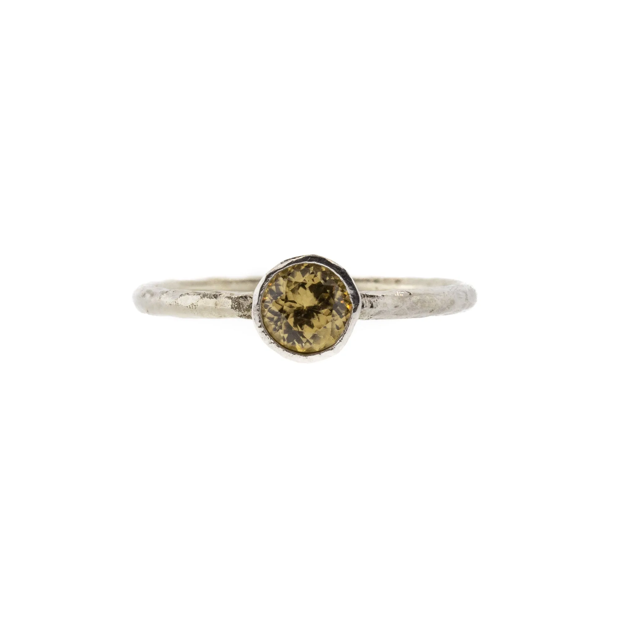 Bezel Set Yellow Orange Zircon Hammered White Gold Ring