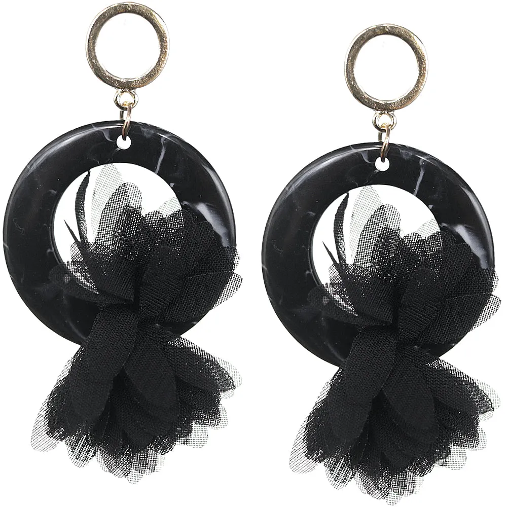 Black Chiffon Open Circle Drop Earrings