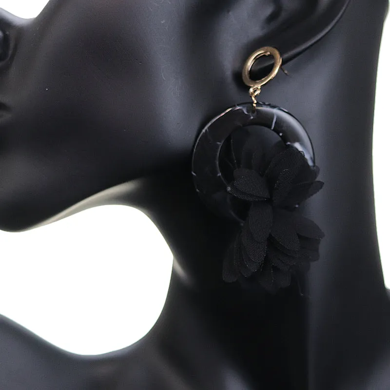 Black Chiffon Open Circle Drop Earrings