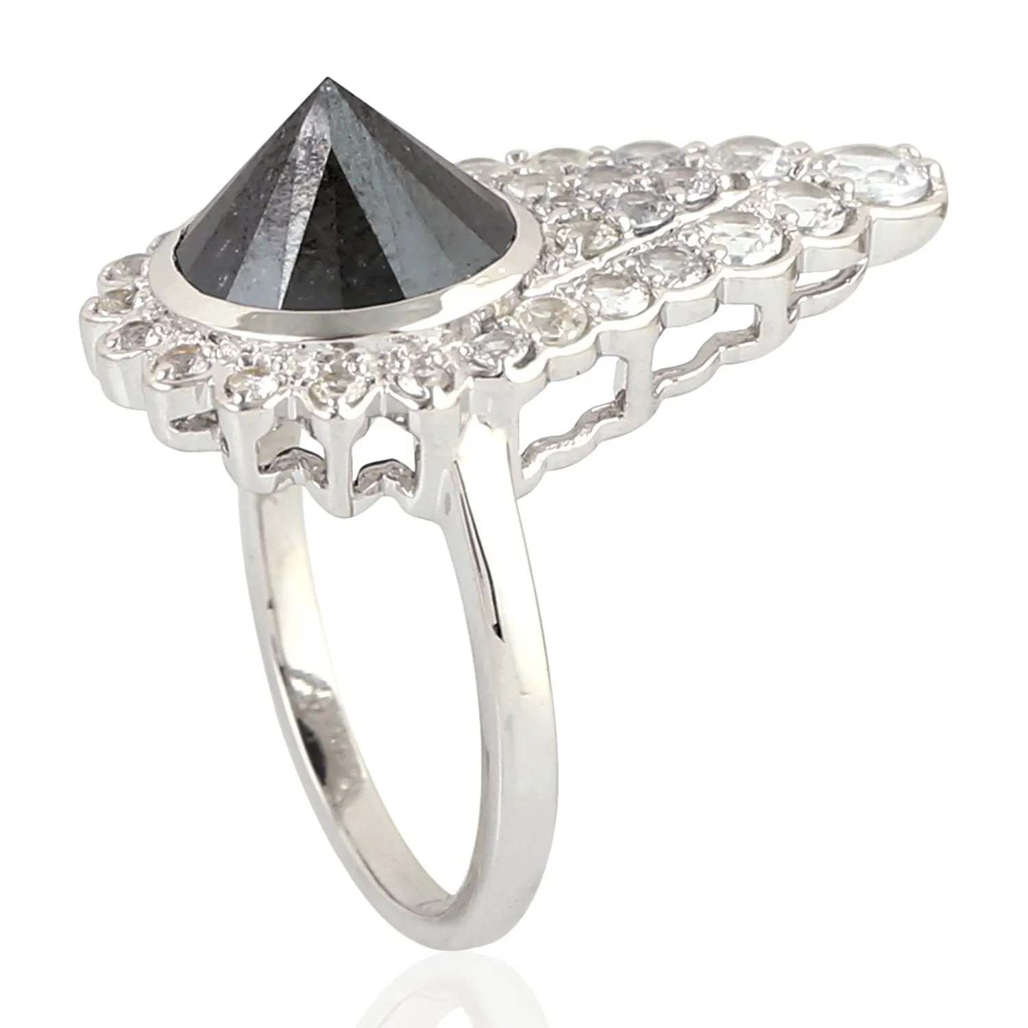 Black Diamond Prong White Sapphire Memorial Ring In 18k White Gold