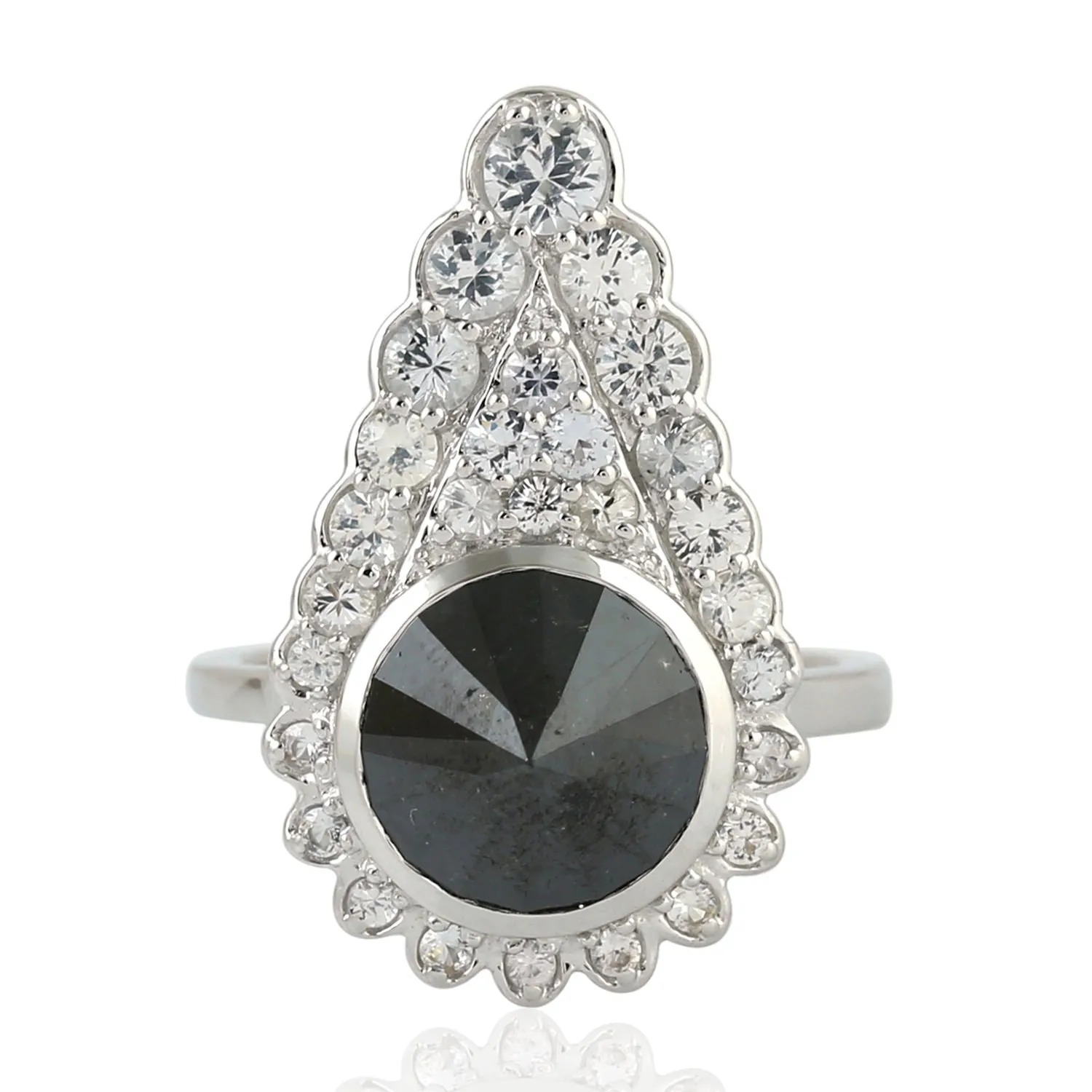 Black Diamond Prong White Sapphire Memorial Ring In 18k White Gold