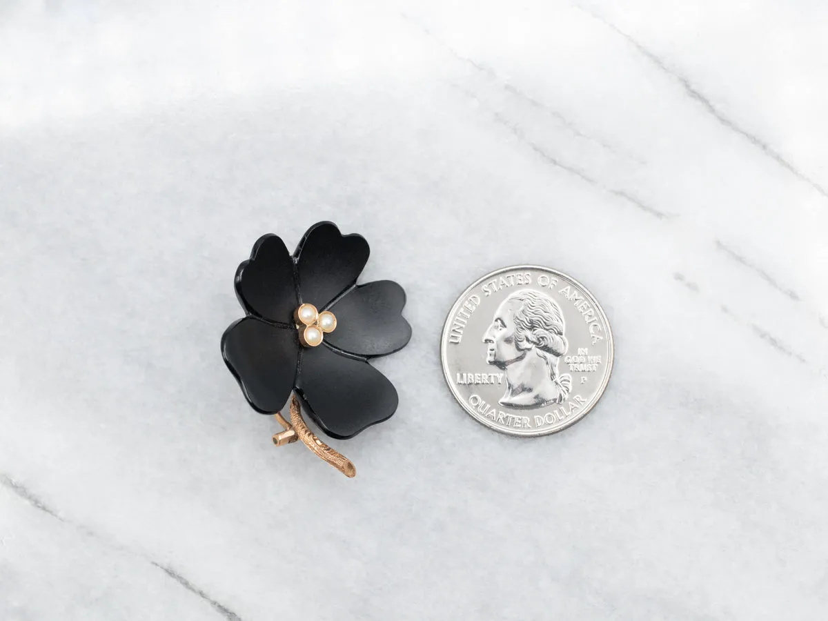 Black Onyx Flower Brooch with Pearl Accents