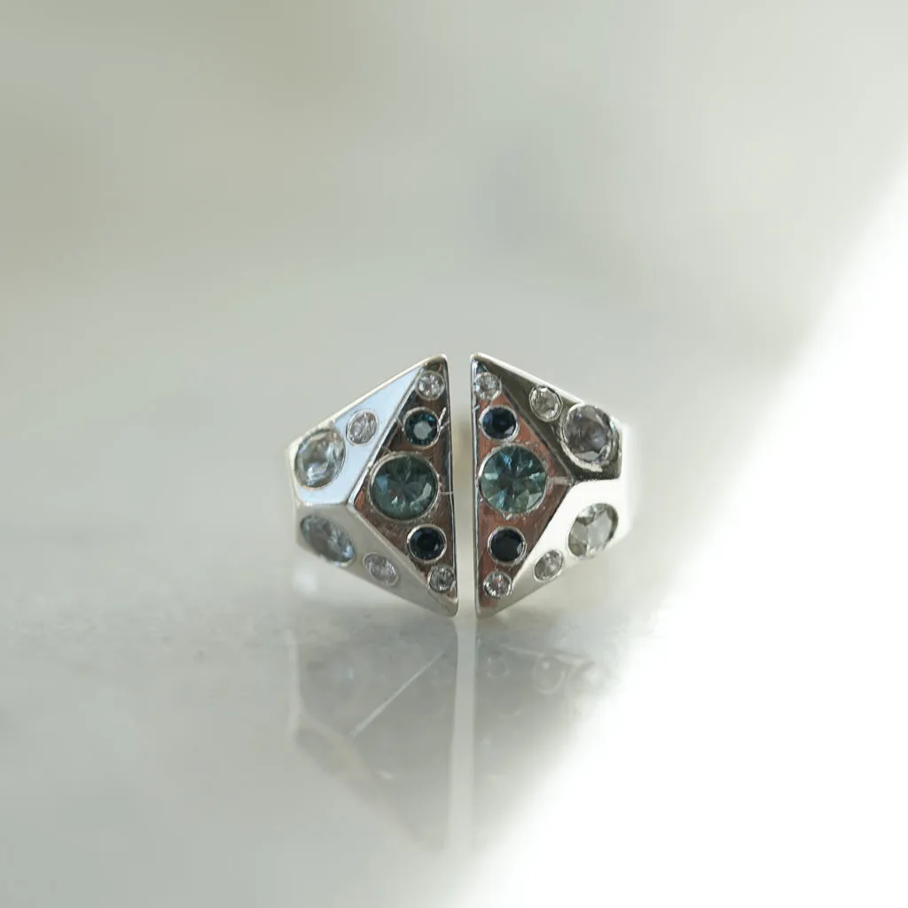 Blue and white sapphire geometric signet silver ring