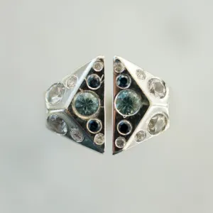 Blue and white sapphire geometric signet silver ring
