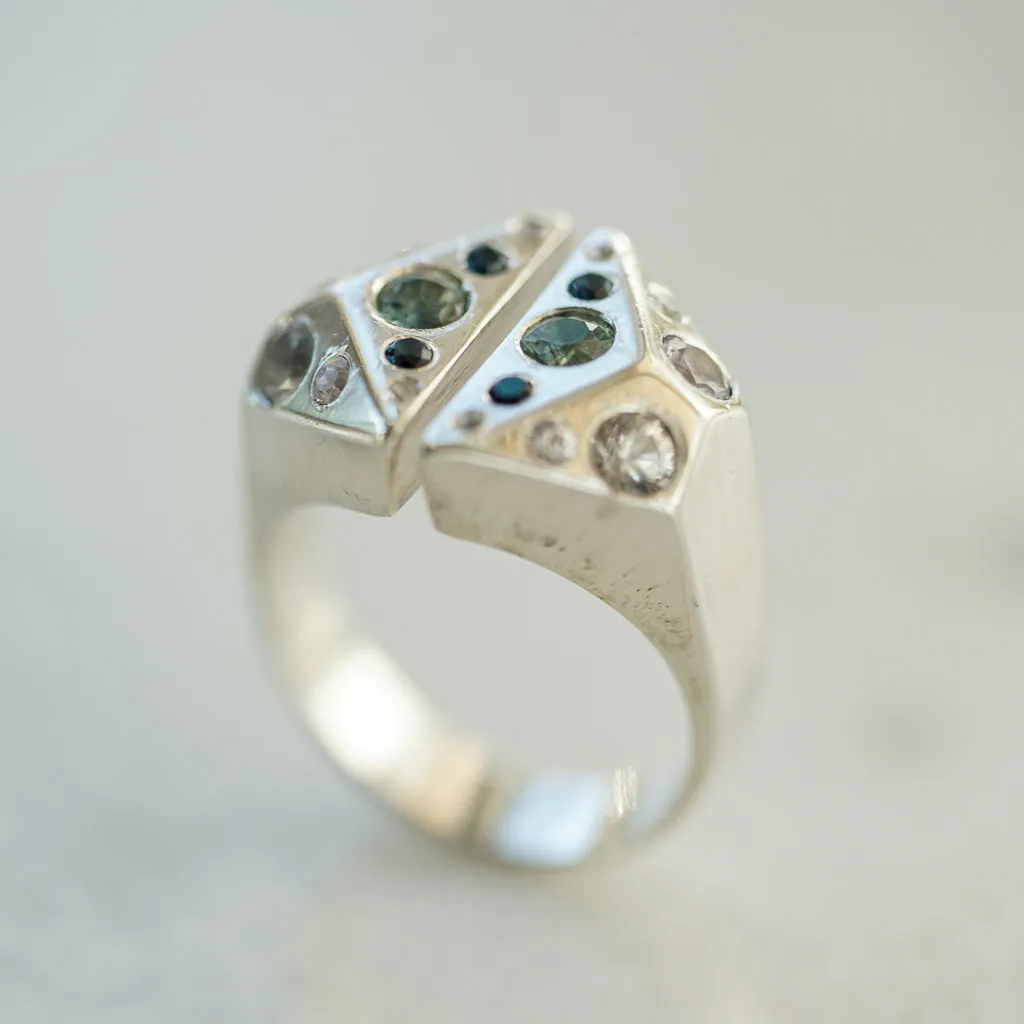 Blue and white sapphire geometric signet silver ring