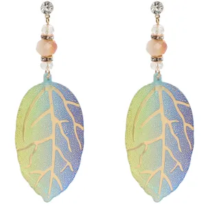 Blue Green CZ Leaf Drop Earrings