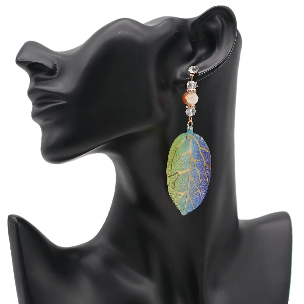 Blue Green CZ Leaf Drop Earrings