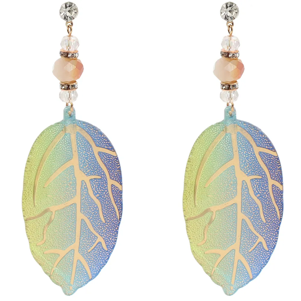 Blue Green CZ Leaf Drop Earrings