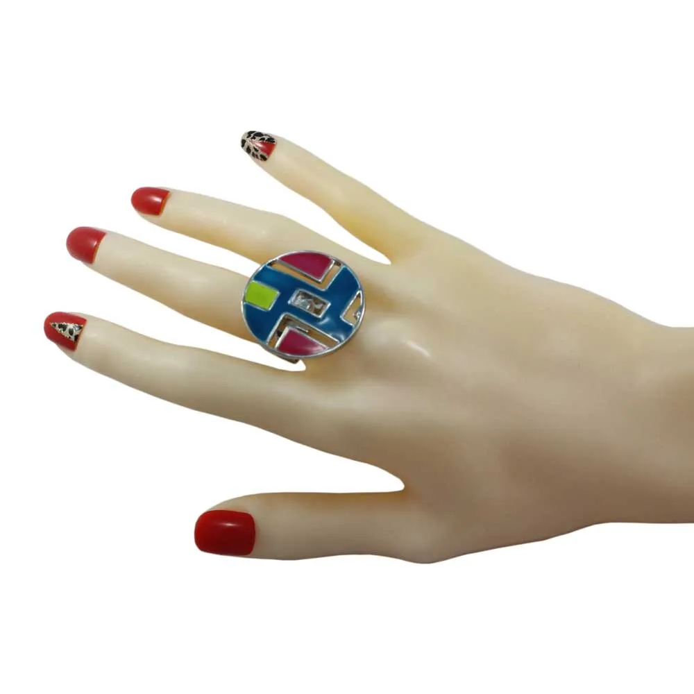 Blue, Pink and Green Geometric Design Adjustable Ring - RF315