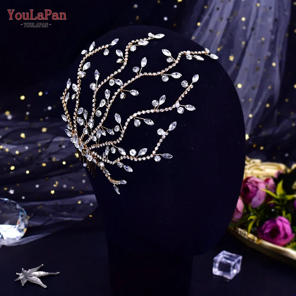 Bridal Hair Brooch Headband Rhinestone Silver or Gold HR-481