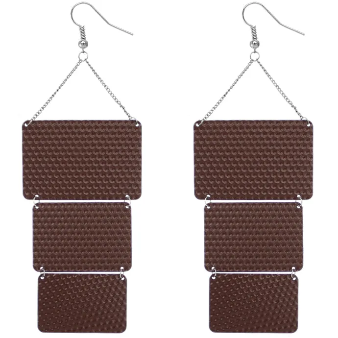 Brown Triple Square Link Drop Earrings