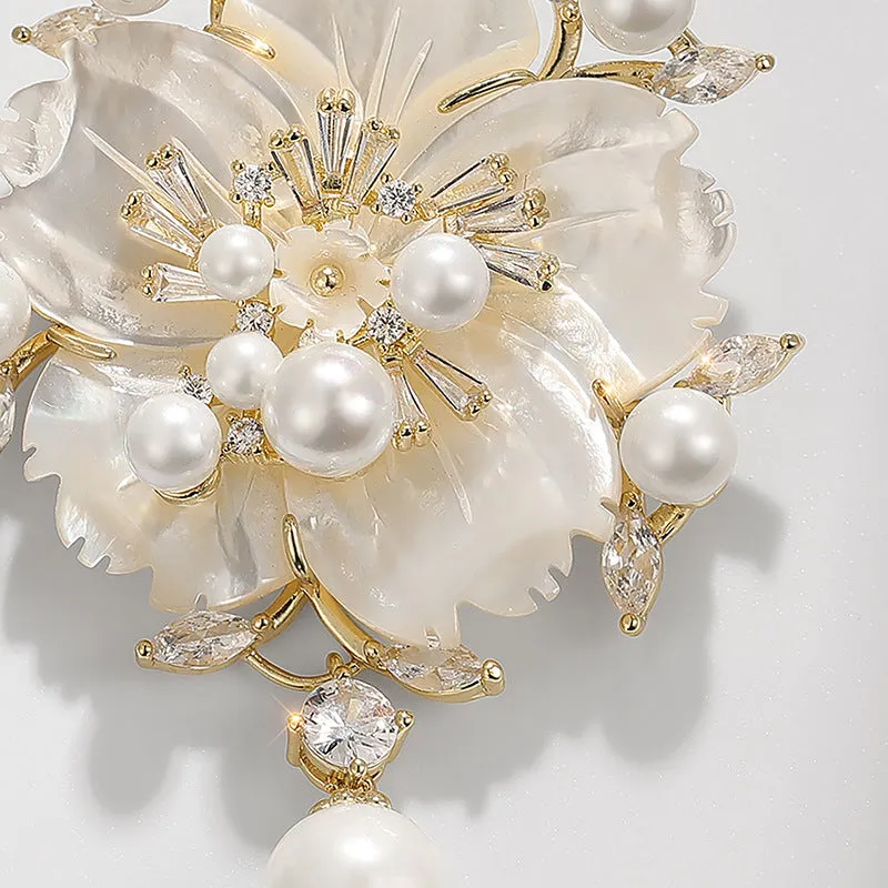 Camellia Shell Pearl Zircon Pin, Floral Brooch for Apparel