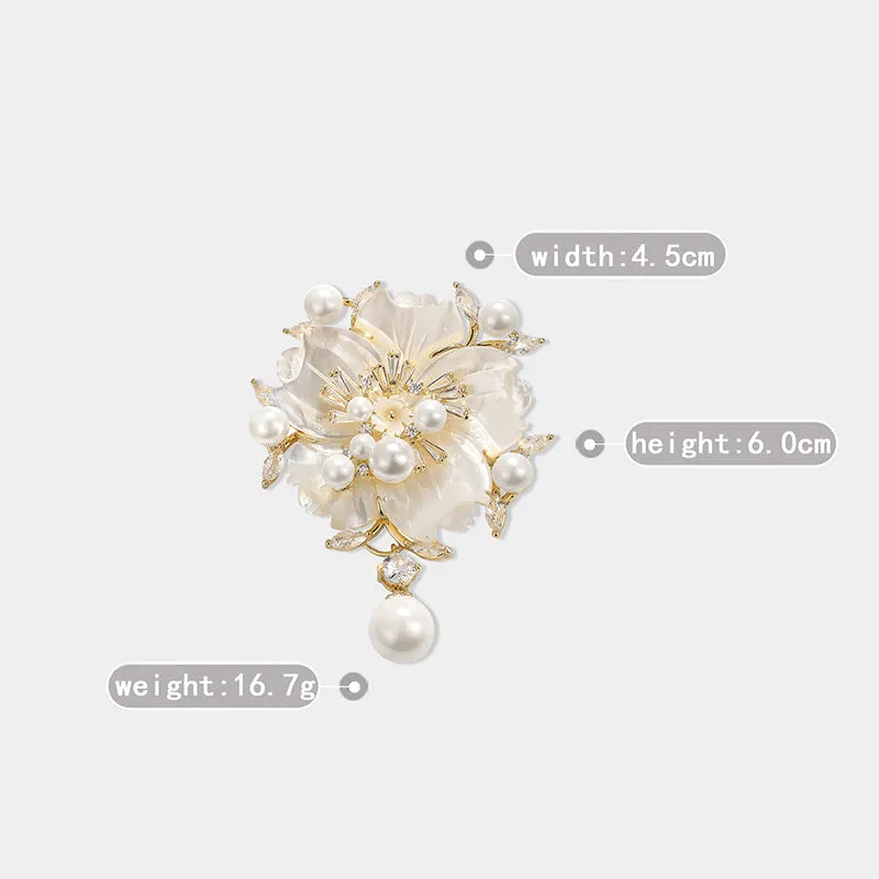 Camellia Shell Pearl Zircon Pin, Floral Brooch for Apparel
