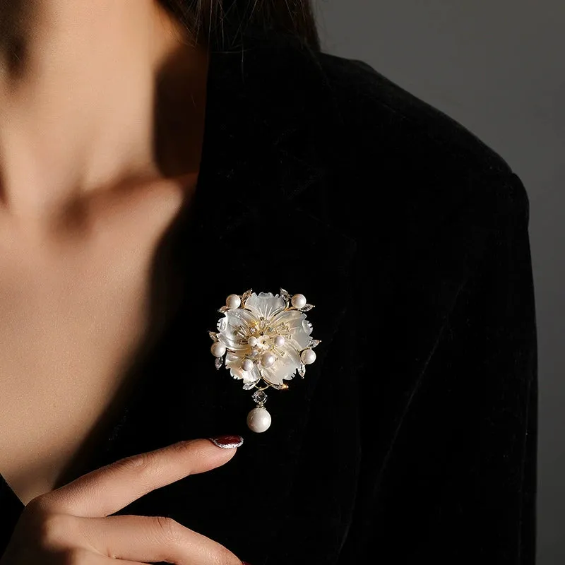 Camellia Shell Pearl Zircon Pin, Floral Brooch for Apparel