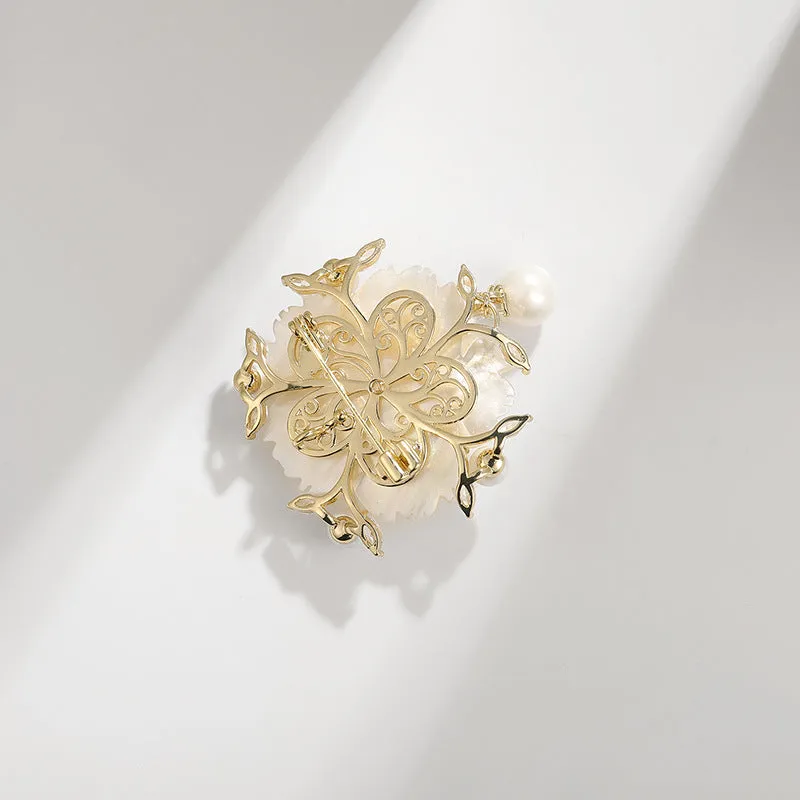 Camellia Shell Pearl Zircon Pin, Floral Brooch for Apparel