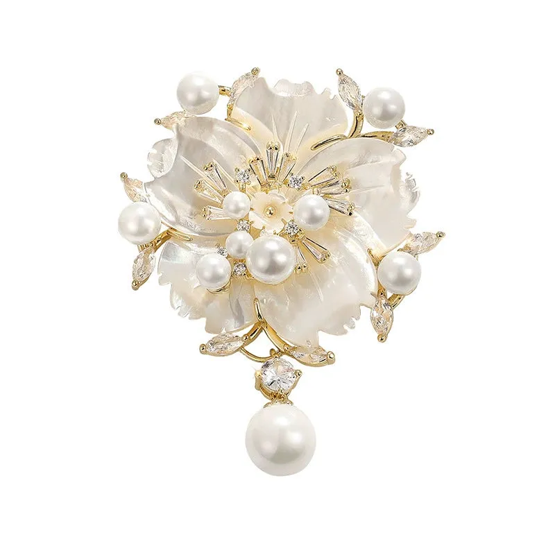 Camellia Shell Pearl Zircon Pin, Floral Brooch for Apparel