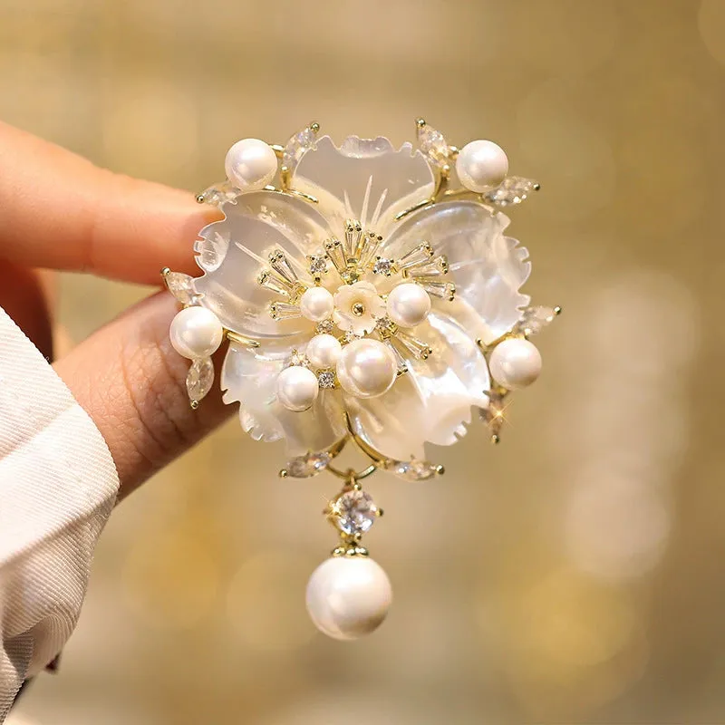 Camellia Shell Pearl Zircon Pin, Floral Brooch for Apparel