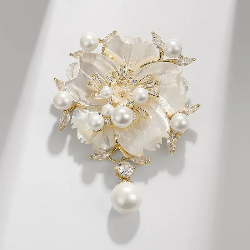 Camellia Shell Pearl Zircon Pin, Floral Brooch for Apparel