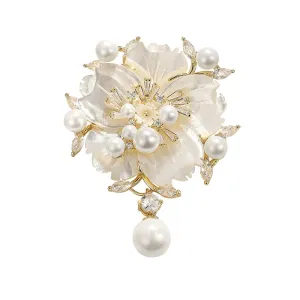 Camellia Shell Pearl Zircon Pin, Floral Brooch for Apparel