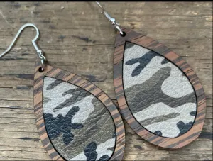 Camo Leather Wood Teardrop Earrings with Multi Colored Floral Gold Cork