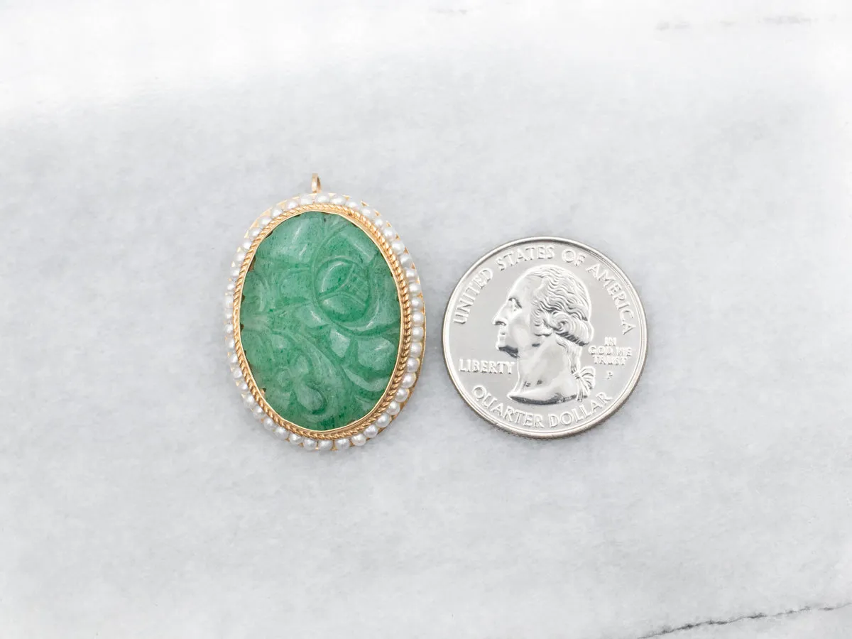 Carved Aventurine Quartz and Seed Pearl Brooch or Pendant