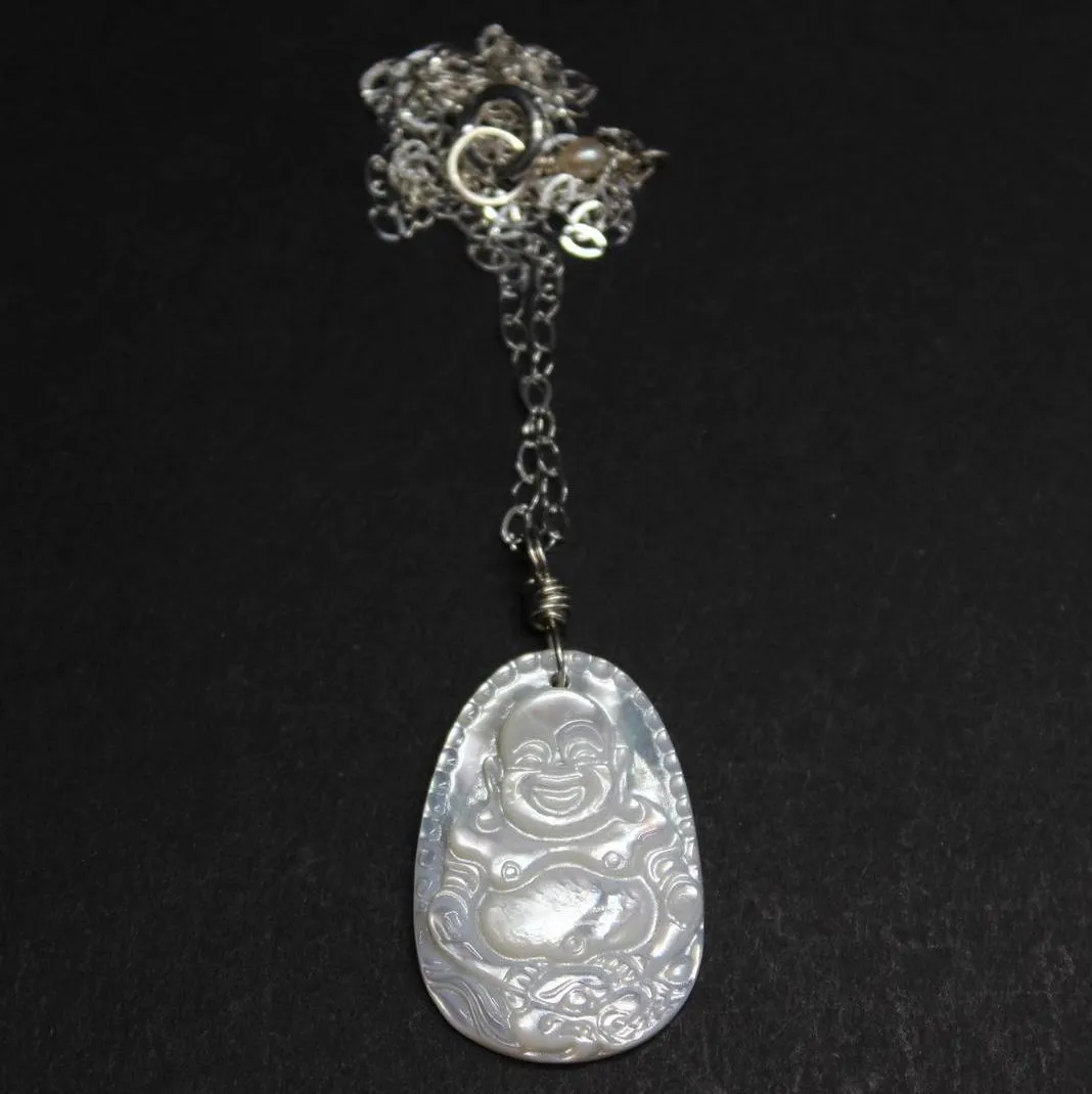 carved mop mother of pearl buddha necklace