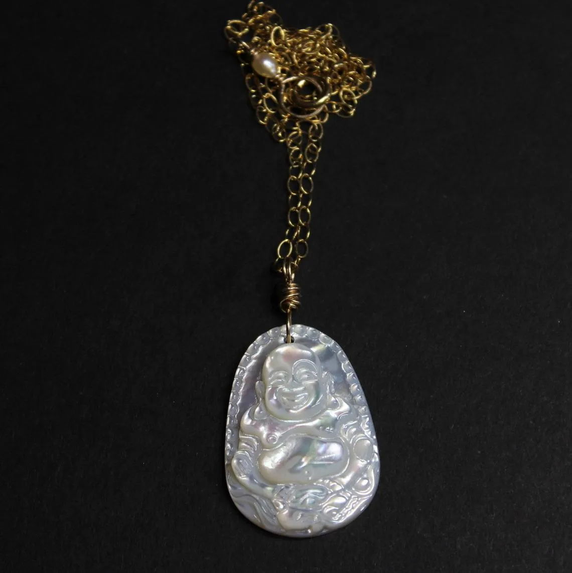 carved mop mother of pearl buddha necklace