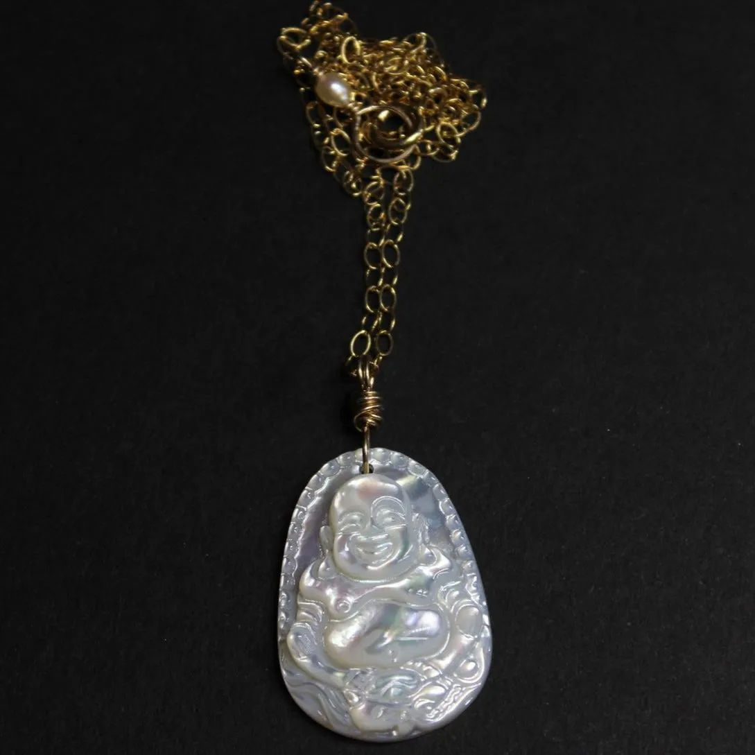 carved mop mother of pearl buddha necklace