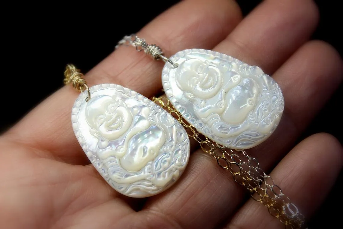 carved mop mother of pearl buddha necklace