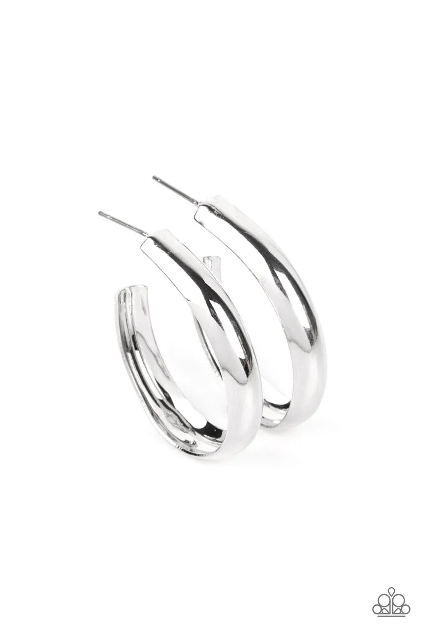 Champion Curves - Silver - Shiny Asymmetrical Paparazzi Hoop Earrings