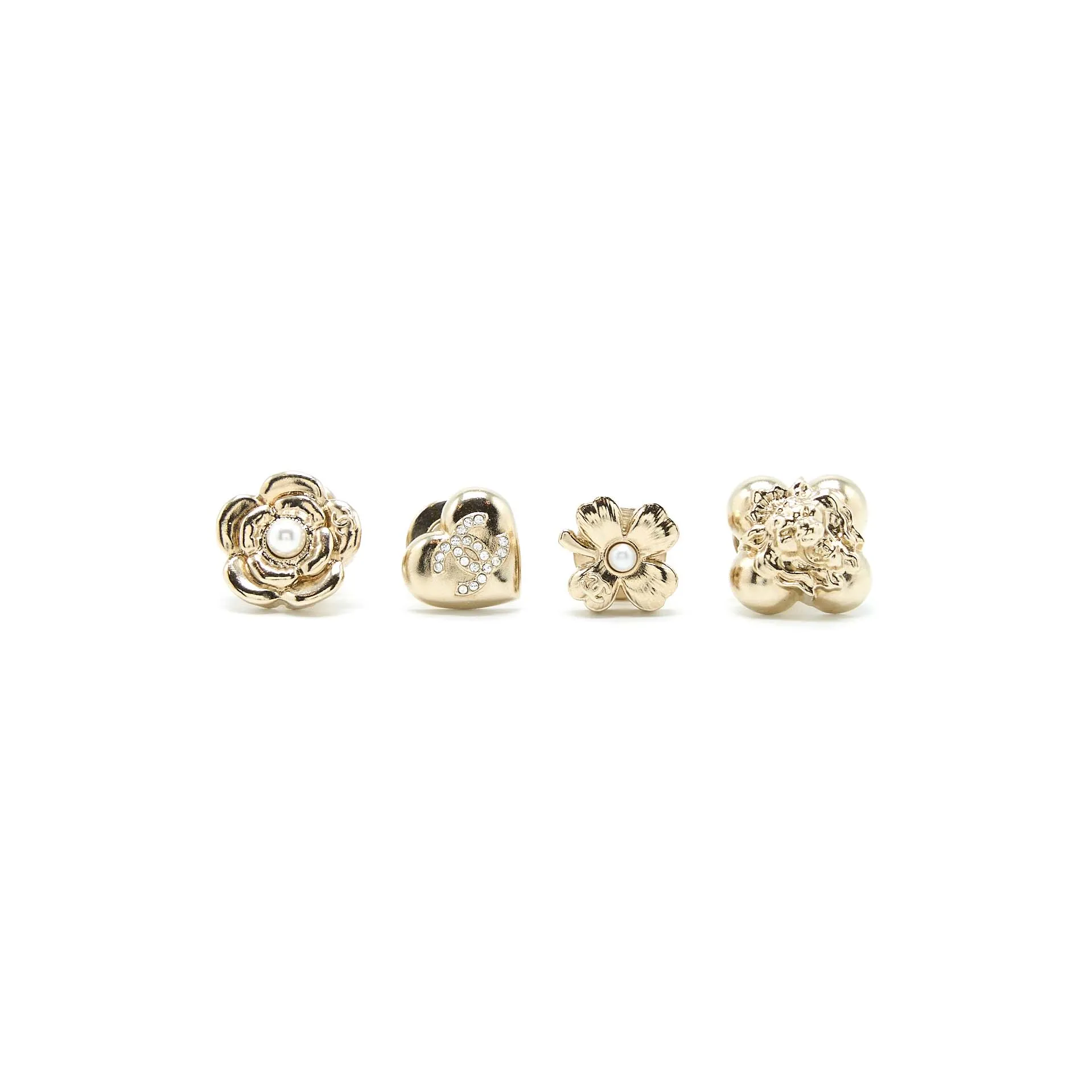 Chanel 4 Pins Brooch Crystal/Pearl Light Gold Tone