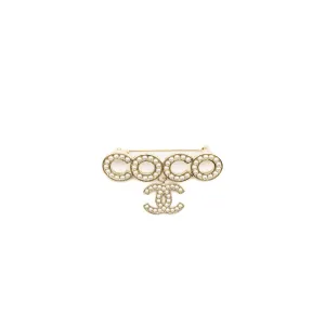 Chanel Coco Logo Brooch Pearl Light Gold Tone